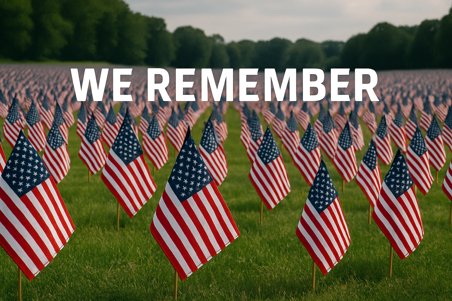 A grassy field with small American flags arranged in rows the whole length of the field. Over the flags, the text We Remember is visible.